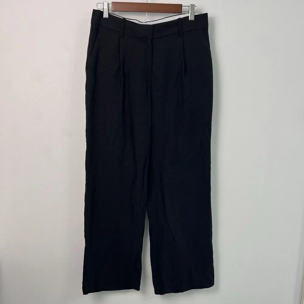 H&M Womens Pants Linen Blend Size 6 Pleated Front Pockets Black